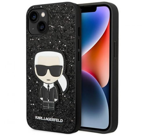 Karl Lagerfeld Glitter Flakes Ikonik Apple iPhone 14 hátlap tok, fekete