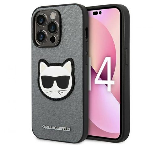 Karl Lagerfeld Saffiano Choupette Head Patch Apple iPhone 14 Pro Max hátlap tok, ezüst