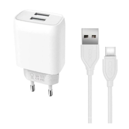 XO L57 hálózati gyorstöltő adapter 2xUSB + USB / Type-C kábel, 2,4A, fehér