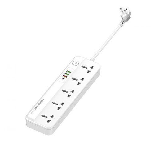 LDNIO hálozati elosztó 5 aljzat, 3xUSB, 1xType-C, kapcsológombbal, 2500W, fehér