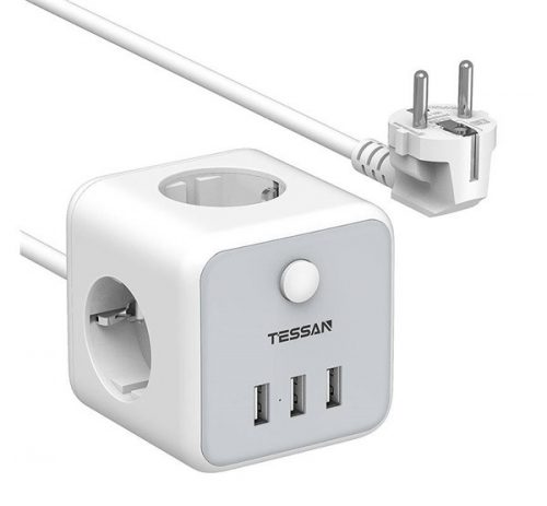 Tessan TS-301 hálozati elosztó 3 aljzat, 3xUSB, kapcsológombbal, fehér