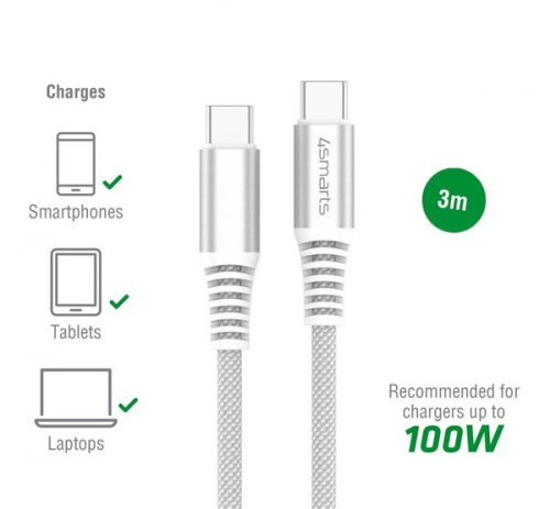 4smarts PremiumCord USB Type-C / USB Type-C töltő- és adatkábel, 100W, 3m, fehér