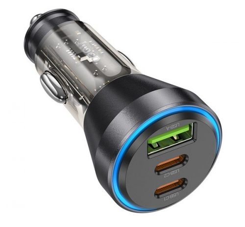 Hoco NZ12D autós szivargyújtó töltő USB QC 18W + 2xType-C, 30W (PD60W), átlátszó-fekete