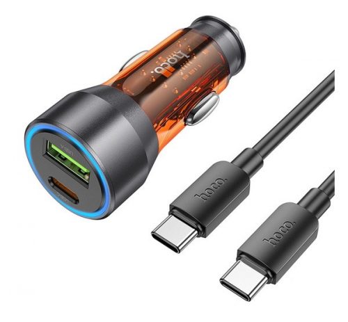 Hoco NZ12A autós szivargyújtó töltő USB QC 18W + Type C, 25W + Type-C-Type-C  kábel, (PD43W), átlátszó-narancssárga