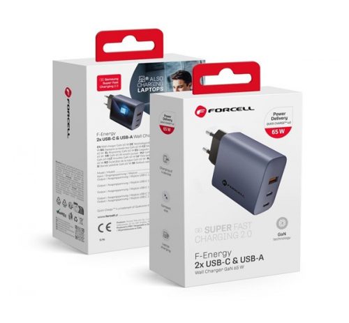 Forcell hálózati gyorstöltő 2xType-C + USB, PD + QC 4.0, 4A, GaN 65W, kék