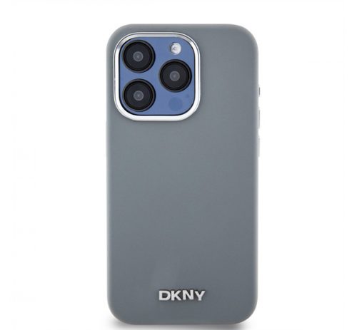 DKNY Liquid Silicone Silver Metal Logo Magsafe iPhone 15 Pro hátlap tok, szürke