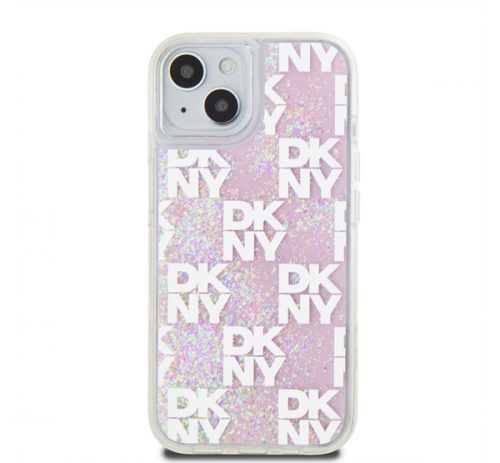 DKNY Liquid Glitter Checkered Pattern iPhone 15 hátlap tok, rózsaszín