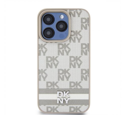 DKNY PU Leather Checkered Pattern and Stripe iPhone 13 Pro Max hátlap tok, bézs