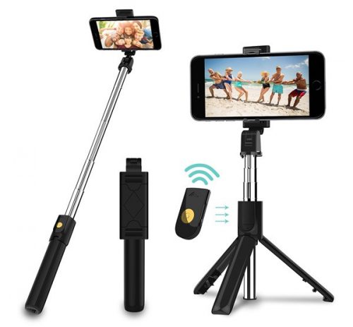 Prémium selfie bot, 19 - 70 cm, 270°-ban forgatható, exponáló gombbal, bluetooth-os, v4.0, tripod állvány funkció, feket