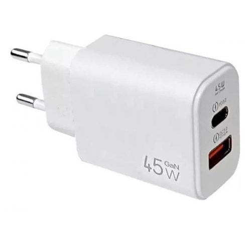 Hálózati töltő gyorstöltő adapter USB + Type-C, PD, QC, GaN, 45W, fehér