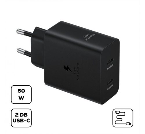 Samsung hálózati adapter 2xType-C + Type-C kábellel, PD, 50W, fekete