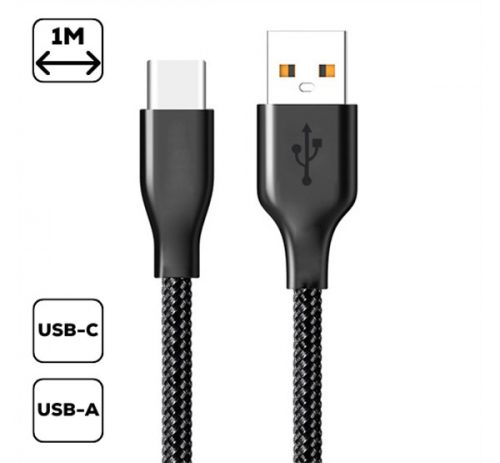 Szövet borítású USB / Type-C töltő- és adatkábel 1m, fekete