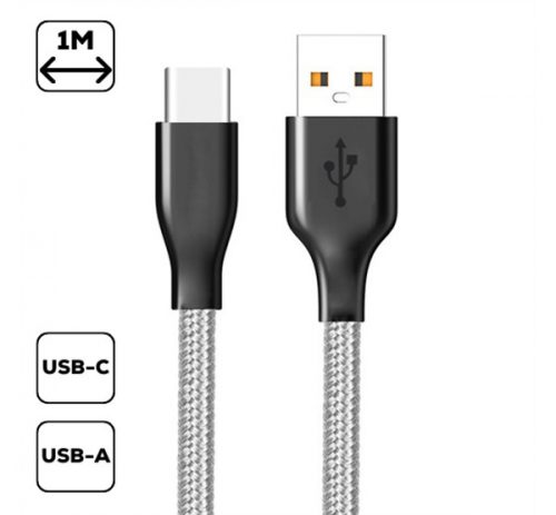 Szövet borítású USB / Type-C töltő- és adatkábel, szürke