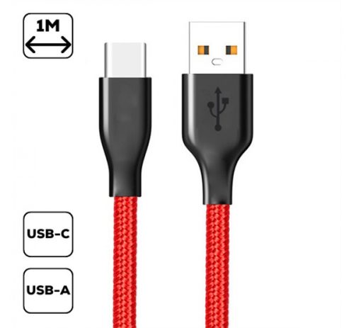 Szövet borítású USB / Type-C töltő- és adatkábel, piros