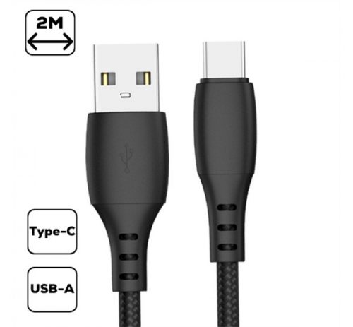 Szövet borítású USB / Type-C töltő- és adatkábel 2m, fekete