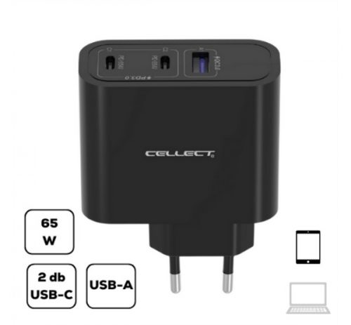 Hálózati töltő adapter gyorstöltő 2xType-C + USB, 65W, fekete