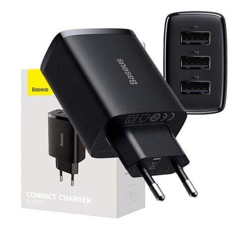 Baseus kompakt gyorstöltő 3x USB, 17W, Fekete