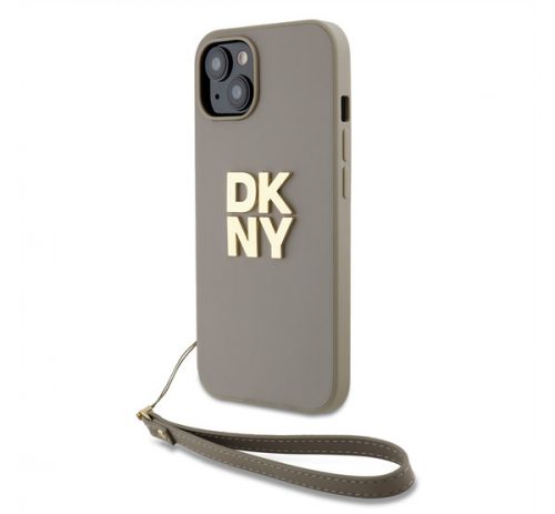 DKNY PU Leather Stack Logo Apple iPhone 13 hátlap tok csuklópánttal, bézs