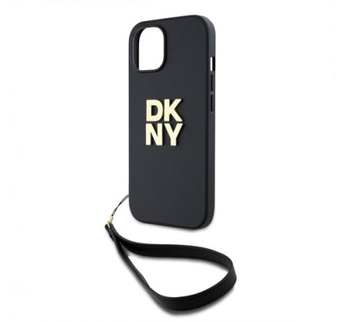 DKNY PU Leather Stack Logo Apple iPhone 14 hátlap tok csuklópánttal, fekete