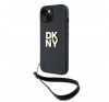 DKNY PU Leather Stack Logo Apple iPhone 14 hátlap tok csuklópánttal, fekete