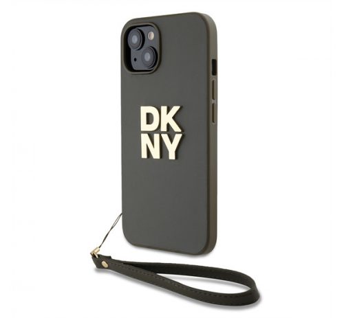 DKNY PU Leather Stack Logo Apple iPhone 14 hátlap tok csuklópánttal, barna