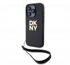 DKNY PU Leather Stack Logo Apple iPhone 14 Pro hátlap tok csuklópánttal, fekete