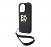 DKNY PU Leather Stack Logo Apple iPhone 14 Pro hátlap tok csuklópánttal, fekete