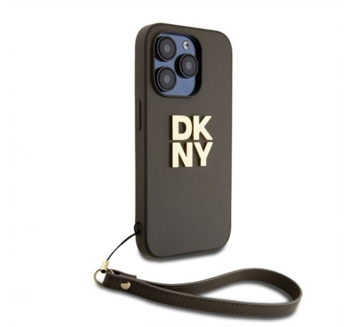 DKNY PU Leather Stack Logo Apple iPhone 14 Pro hátlap tok csuklópánttal, barna