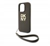 DKNY PU Leather Stack Logo Apple iPhone 14 Pro hátlap tok csuklópánttal, barna