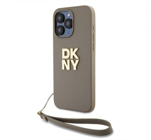 DKNY PU Leather Stack Logo Apple iPhone 14 Pro Max hátlap tok csuklópánttal, bézs