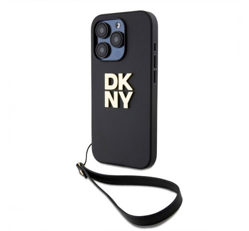 DKNY PU Leather Stack Logo Apple iPhone 14 Pro Max hátlap tok csuklópánttal, fekete