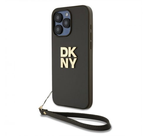 DKNY PU Leather Stack Logo Apple iPhone 14 Pro Max hátlap tok csuklópánttal, barna