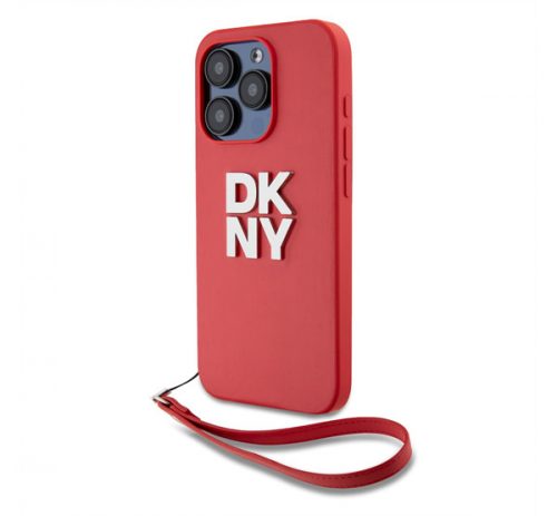 DKNY PU Leather Stack Logo Apple iPhone 14 Pro Max hátlap tok csuklópánttal, piros