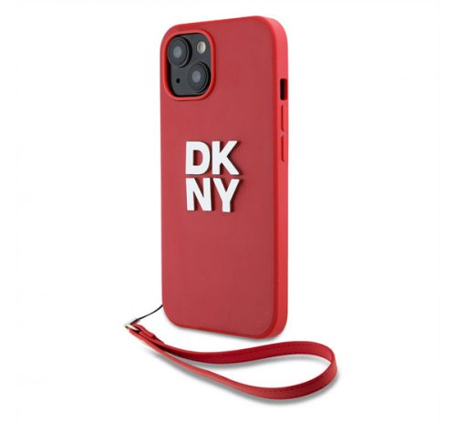 DKNY PU Leather Stack Logo Apple iPhone 14 hátlap tok csuklópánttal, piros