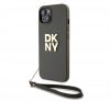 DKNY PU Leather Stack Logo Apple iPhone 15 hátlap tok csuklópánttal, barna