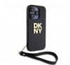 DKNY PU Leather Stack Logo Apple iPhone 15 Pro hátlap tok csuklópánttal, fekete