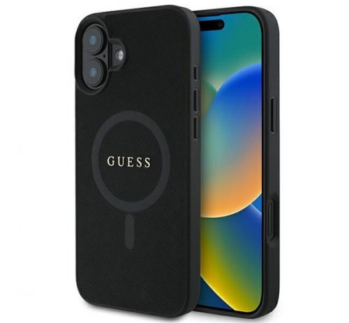 Guess Saffiano Classic Logo Apple iPhone 16 Plus hátlap tok, fekete/barna GUHMP16MPSAHMCK