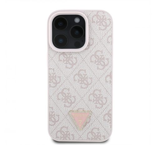 Guess PU 4G Strass Triangle Metal Logo Apple iPhone 16 Pro hátlap tok, rózsaszín