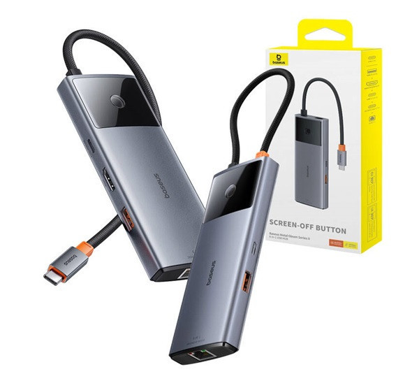 Baseus Metal Gleam II Series 6 az 1-ben hub USB-C, 3x USB-A 3.0, HDMI, USB-C PD, Ethernet RJ45, ezüst