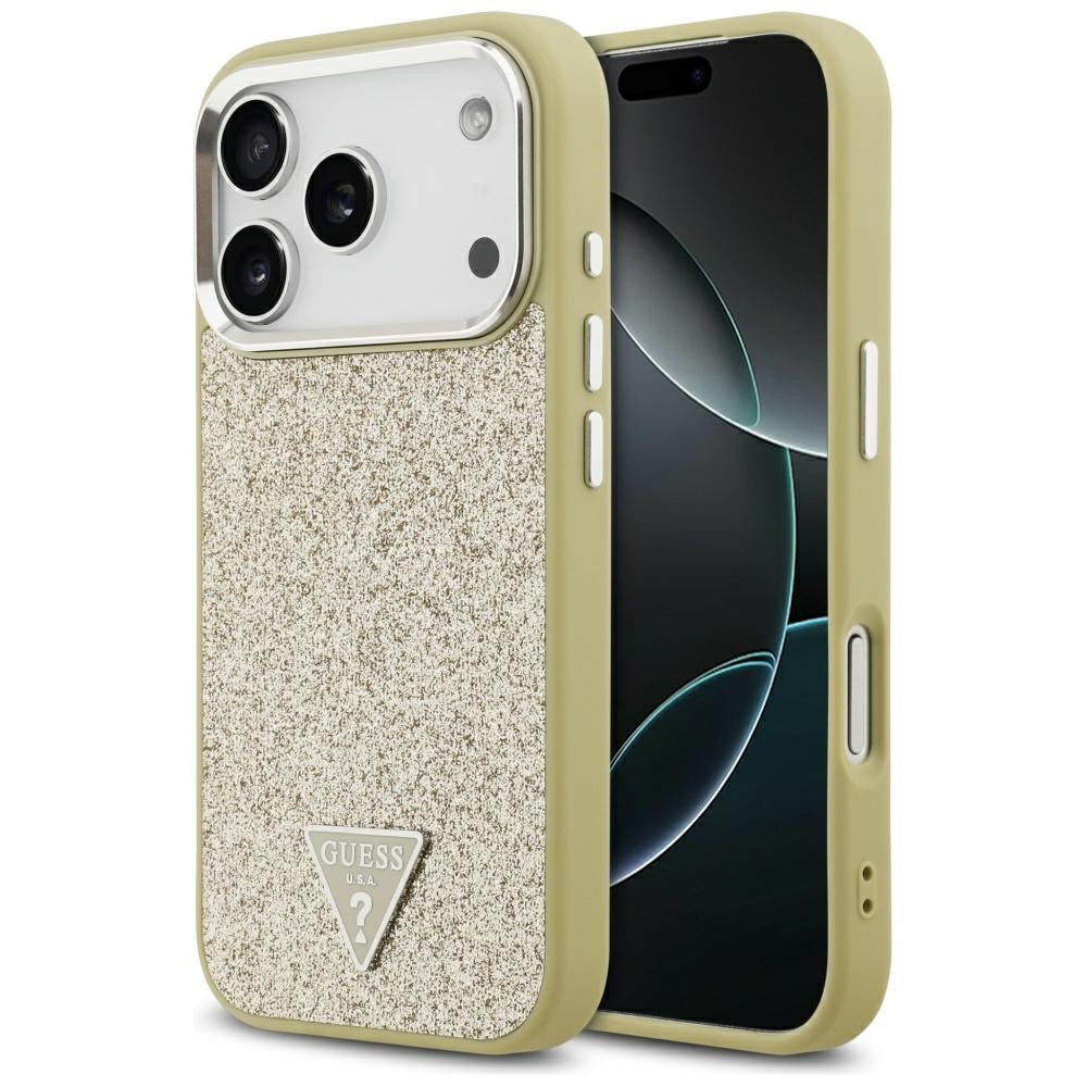 Guess Glitter Triangle Logo Apple iPhone 17 Pro Max csillámos hátlap tok kameravédő peremmel, MagSafe, arany