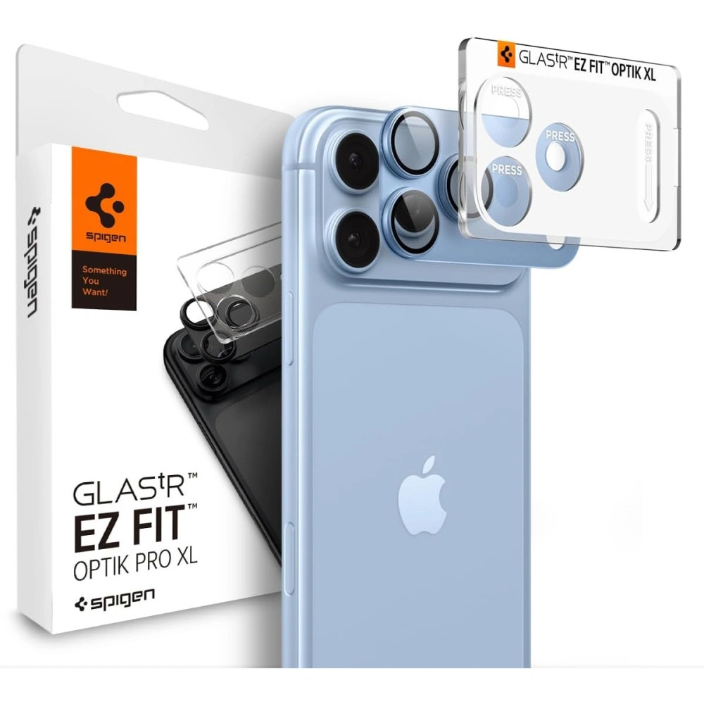 Spigen Optik Pro XL Glas.tR EZ FIT Apple iPhone 18 Pro lencsevédő üvegfólia, kamerasziget-védő felhelyező kerettel, kék