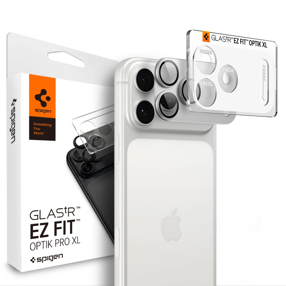 Spigen Optik Pro XL Glas.tR EZ FIT Apple iPhone 18 Pro Max lencsevédő üvegfólia, kamerasziget-védő felhelyező kerettel, fehér