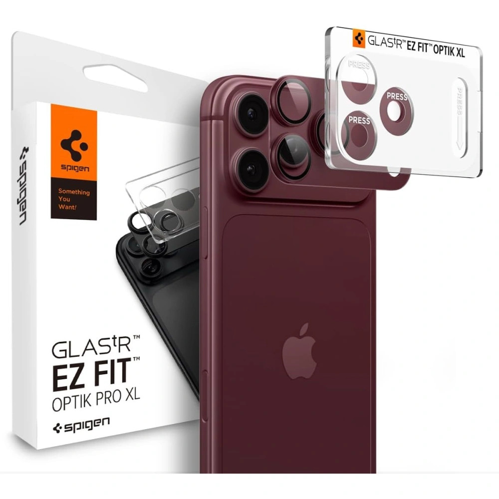 Spigen Optik Pro XL Glas.tR EZ FIT Apple iPhone 18 Pro Max lencsevédő üvegfólia, kamerasziget-védő felhelyező kerettel, burgundi